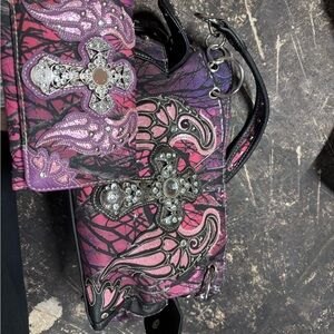 Pink and Purple Cross-Embellished Women's Bag